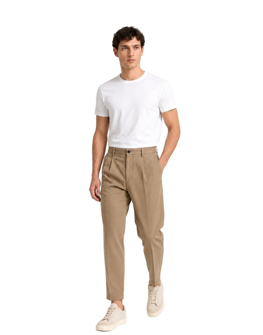 Nine In The Morning Camel Fold 2 Pleated Stretch-Cotton Chino Pants