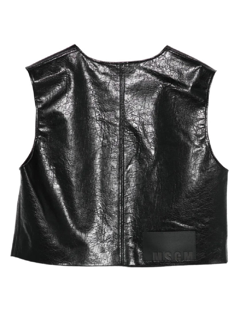 Msgm Textured Black Faux Leather Sleeveless Top With Front Zipper