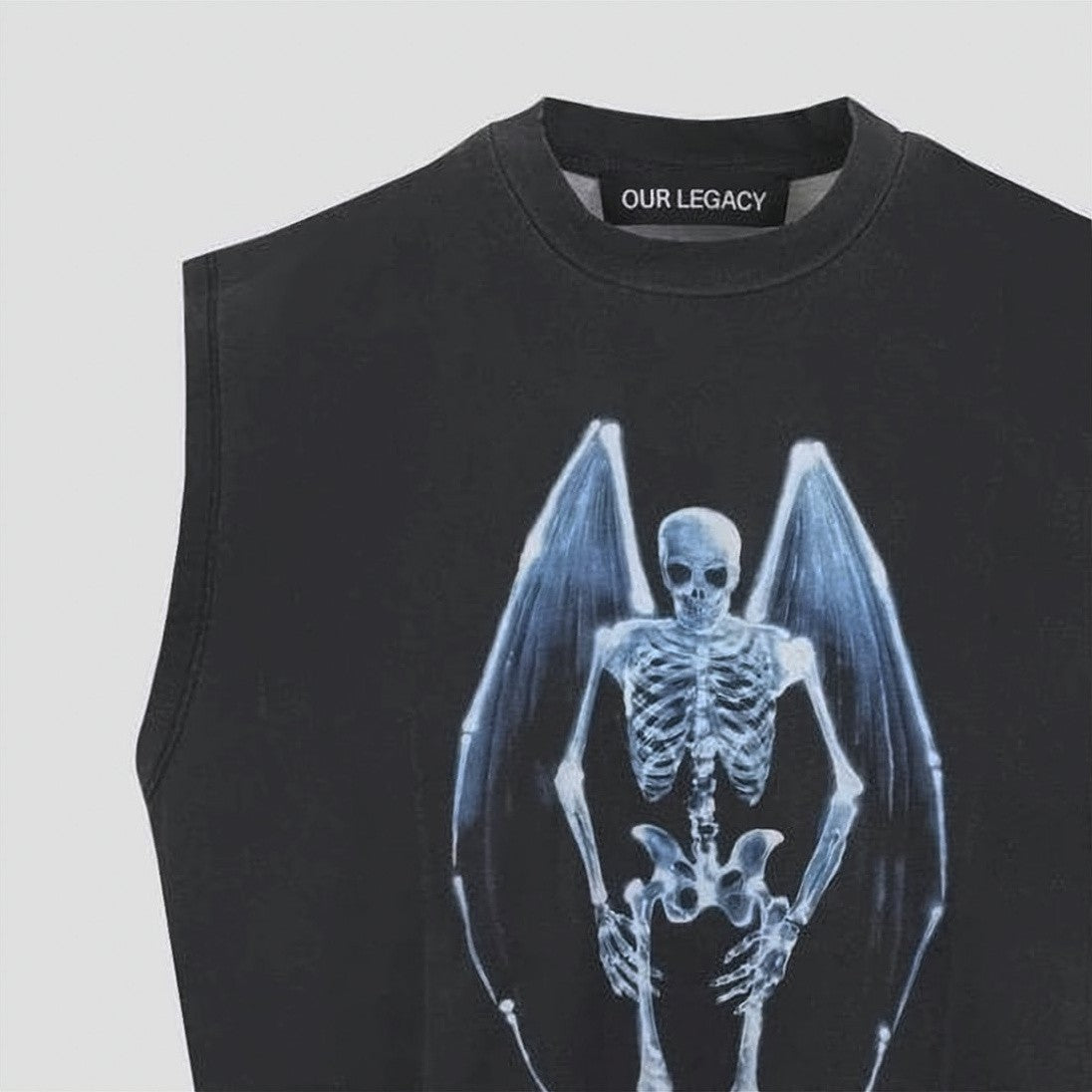 Our Legacy Sleeveless Black Top With Winged Skeleton Graphic