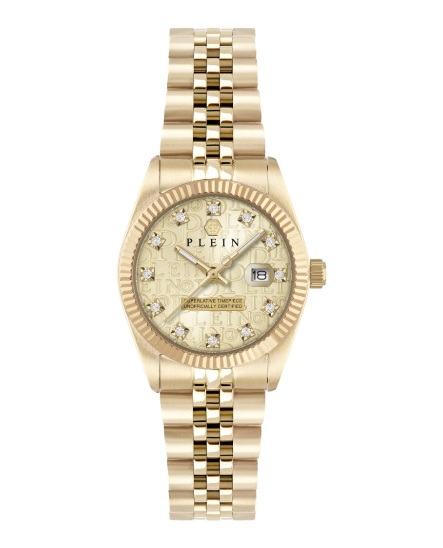 Philipp Plein Date Superlative Crystal Watch With Gold Guilloche Dial