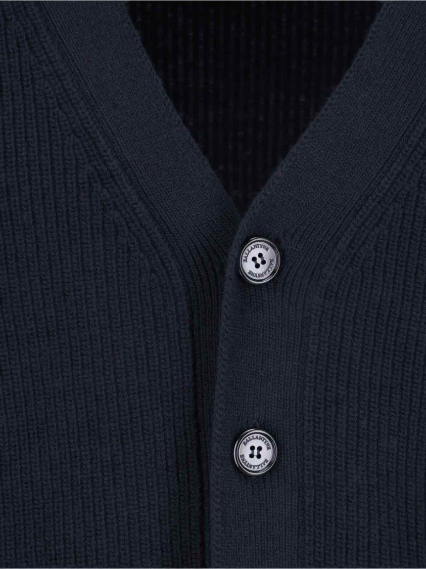 Ballantyne Navy Blue Ribbed Knit Cardigan With V-Neckline