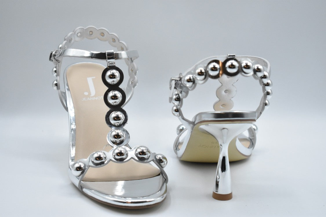 Jeannot Mirrored Silver Low-Heeled Sandals With Spherical Embellishments