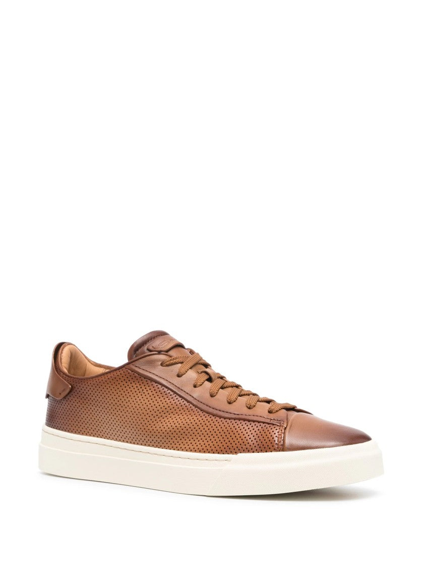 Santoni Brown Leather Casual Trainers With Perforated Detailing
