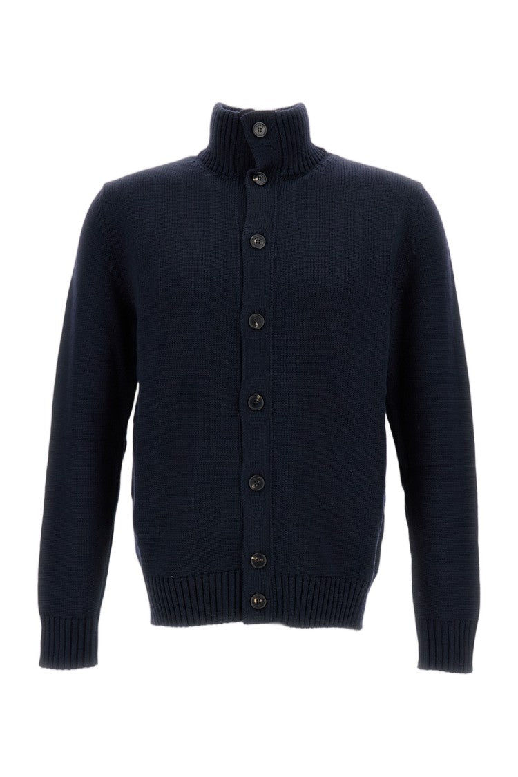 Zanone Oversized Blue Cardigan With High Ribbed Collar And Button Closure