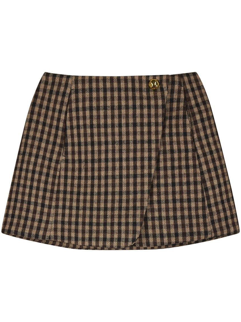 Ganni Check Pattern Wool Blend Skirt With Pleat Detailing