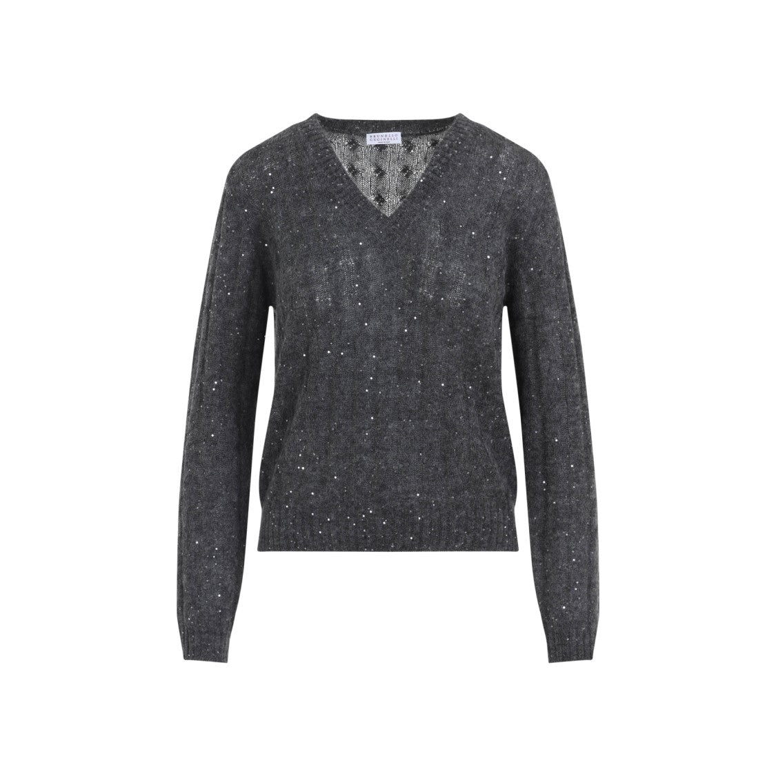 Brunello Cucinelli Lead Grey Mohair V-Neck Cable Pullover