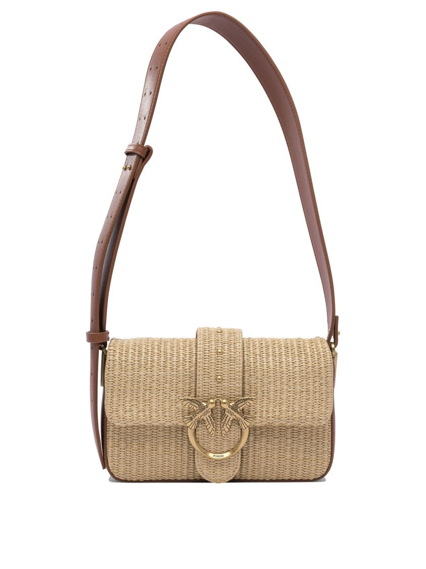 Pinko Beige Rafia And Leather Crossbody Bag