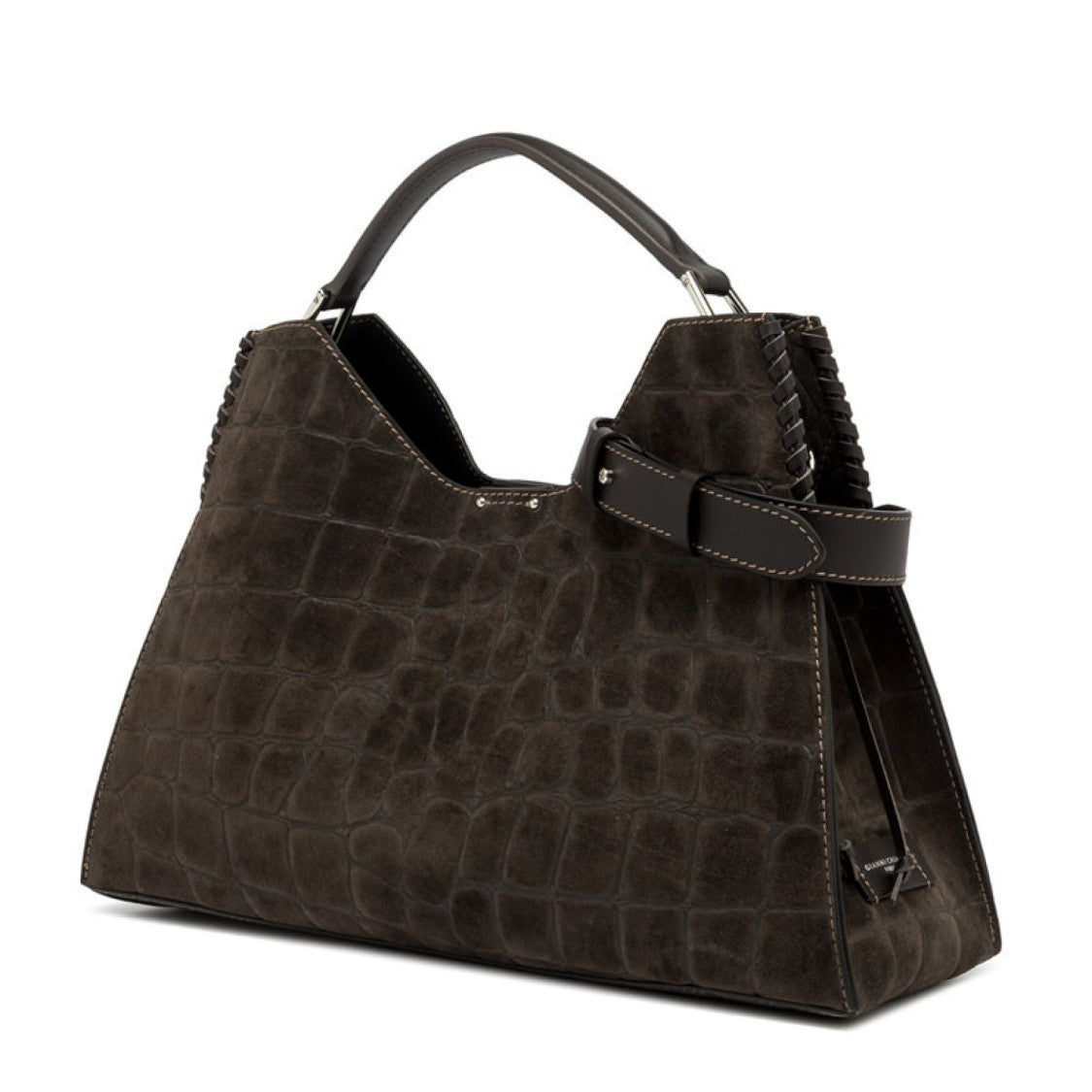 Gianni Chiarini Coffee Aurora Croc-Print Suede Bag
