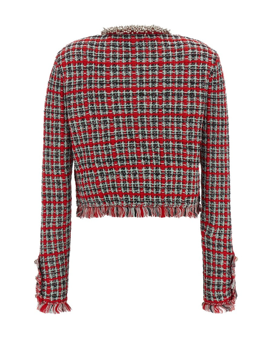 Self-Portrait Cropped Checkered Bouclé Cotton-Blend Jacket