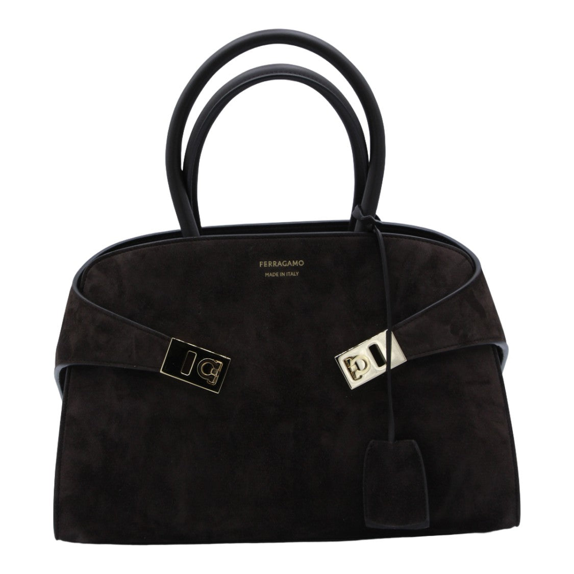 Ferragamo Structured Handbag In Dark Suede With Gold-Tone Accents