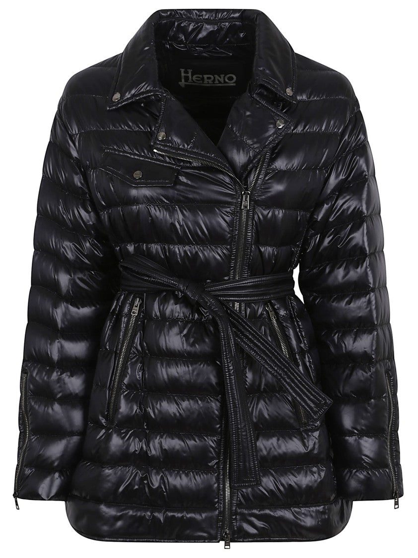 Herno Quilted Black Jacket With Belted Waist