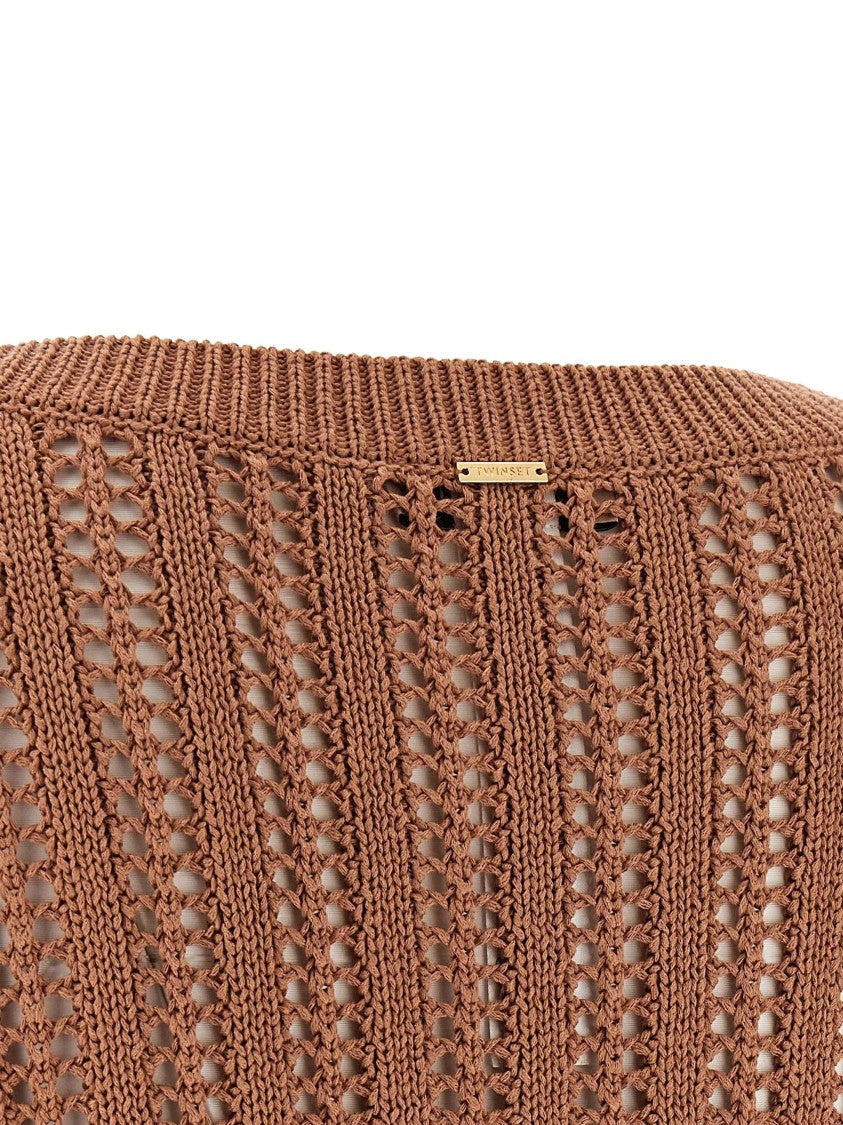 Twin-Set Brown Cropped Openwork Knit Sweater
