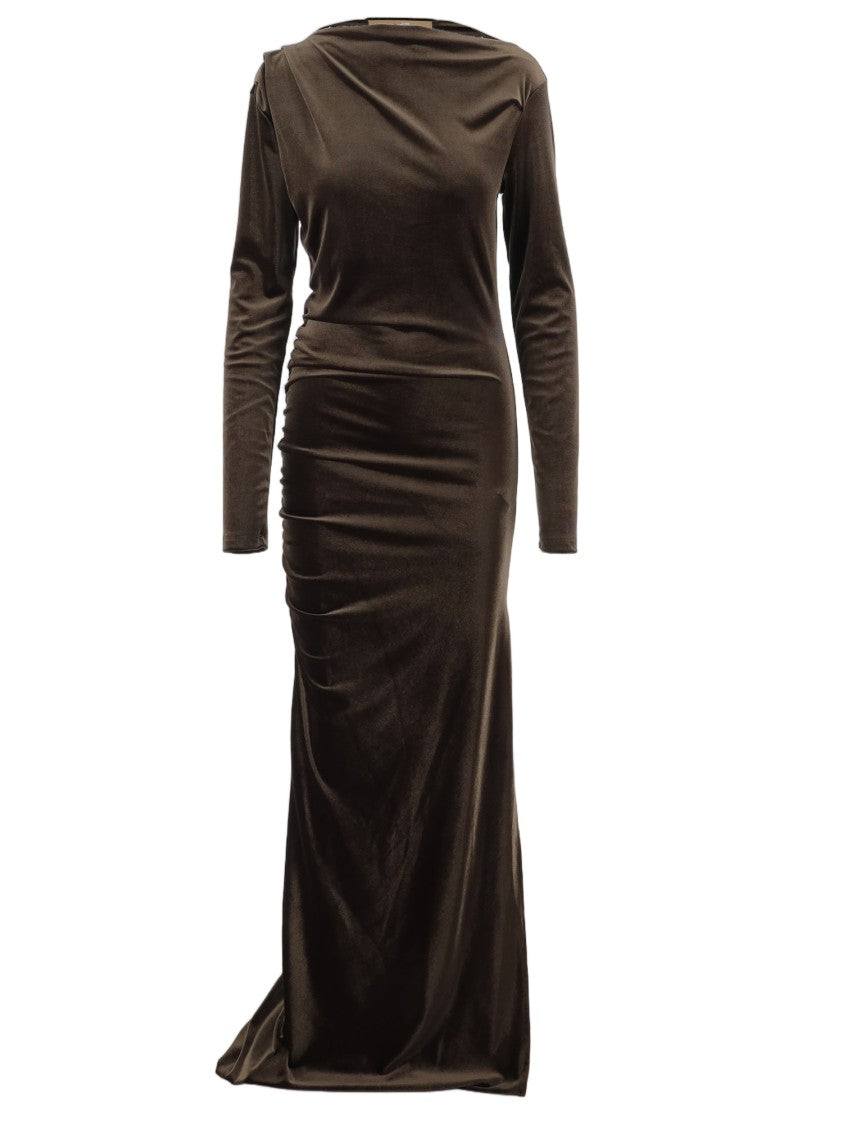 Don't @ Me Dark Brown Side Draped Technical Stretch Jersey Maxi Dress