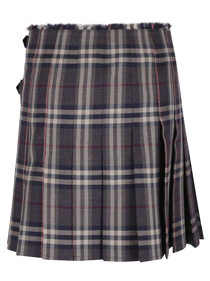 Burberry Woven Wool Mini Kilt Skirt With Flared Silhouette And Burberry Check