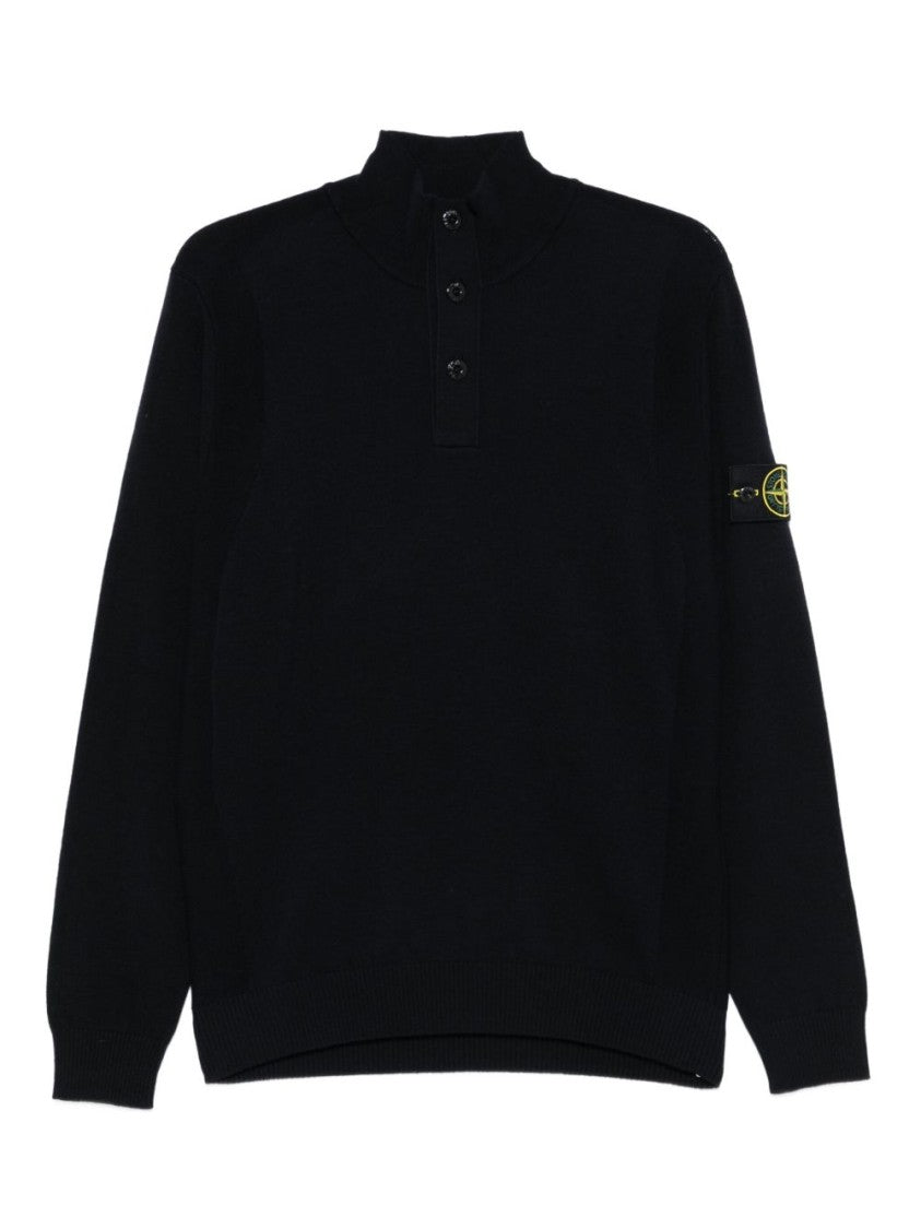 Stone Island High Collar Half Button Blue Sweater With Distinct Logo Badge
