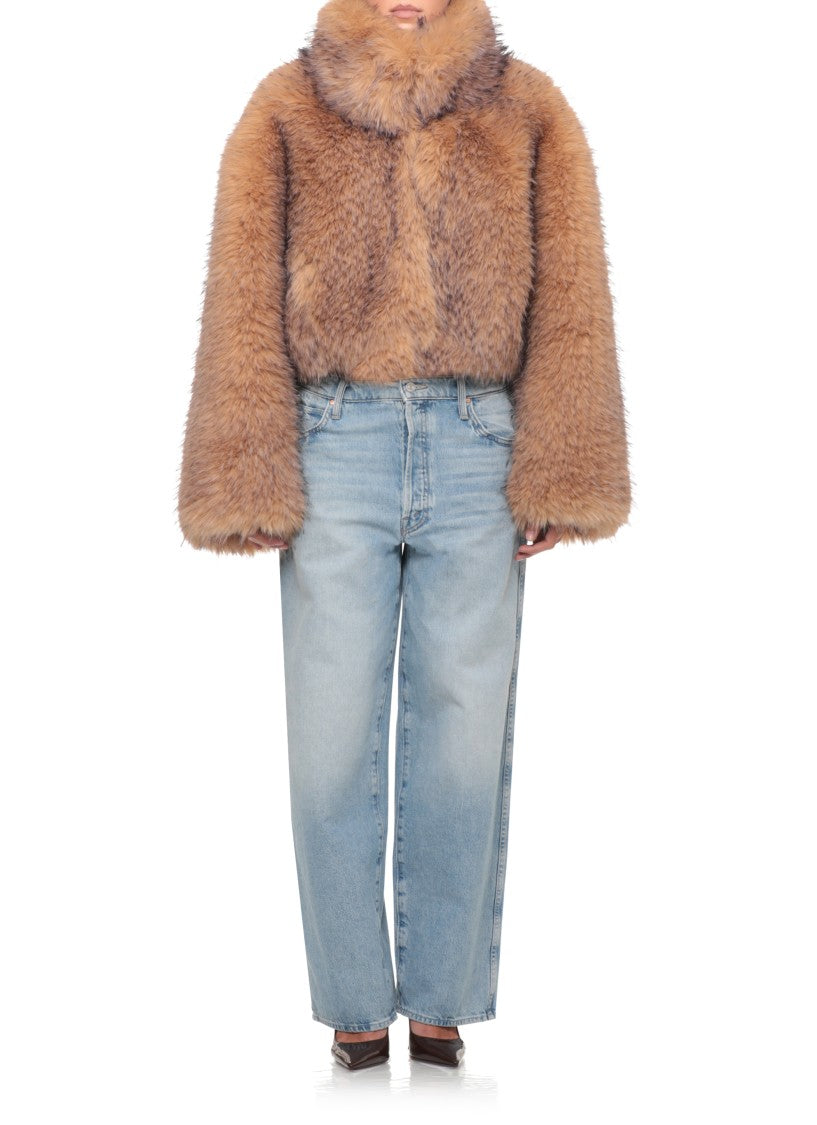 Rotate Beige Cropped High-Neck Fur Jacket