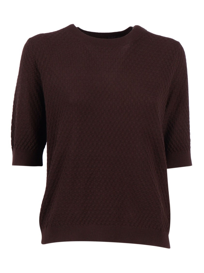Kangra Cashmere Brown Short Sleeve Micro Check Top