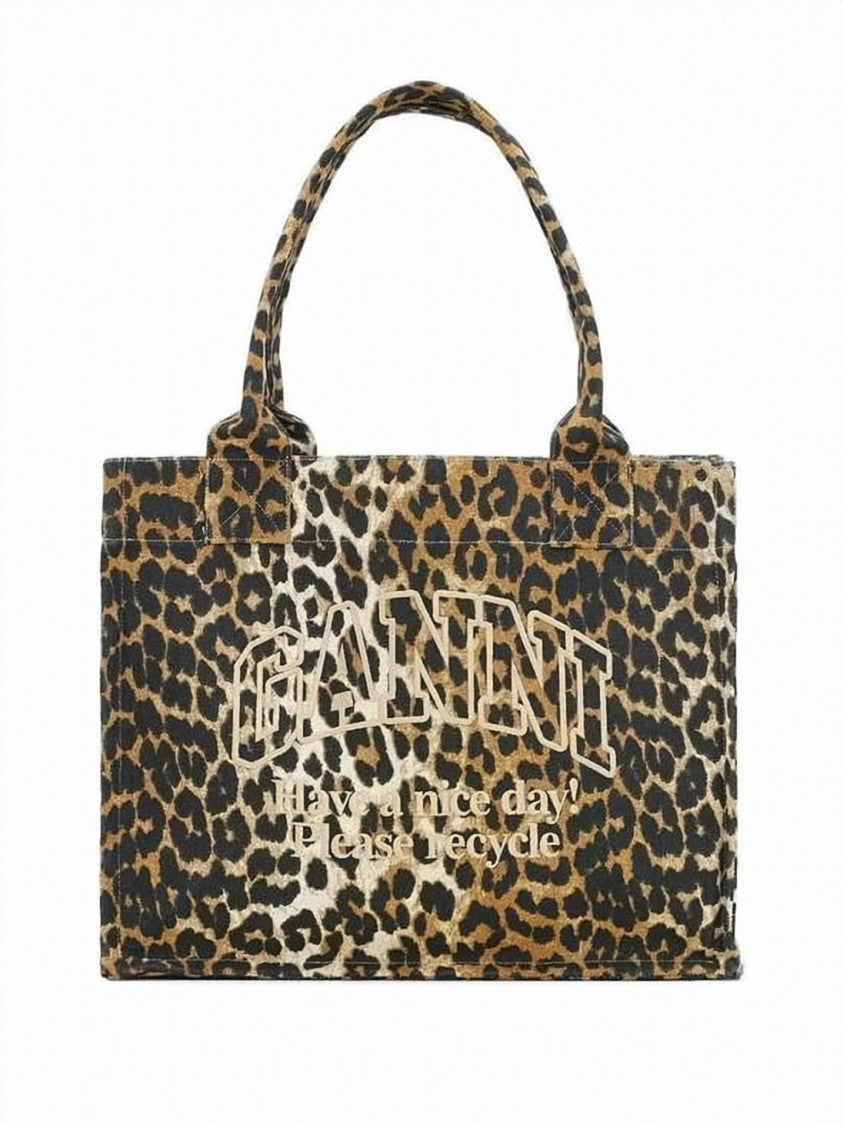 Ganni Leopard Print Cotton Tote Bag With Iconic Logo