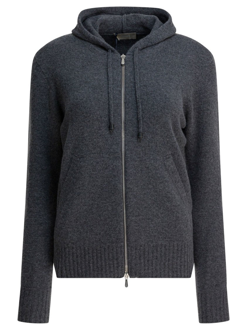 Drumohr Pull-On Grey Cashmere Knitwear With Hood