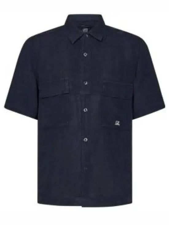C.P. Company Short-Sleeved Linen Shirt With Button-Down Front And Dual Pockets
