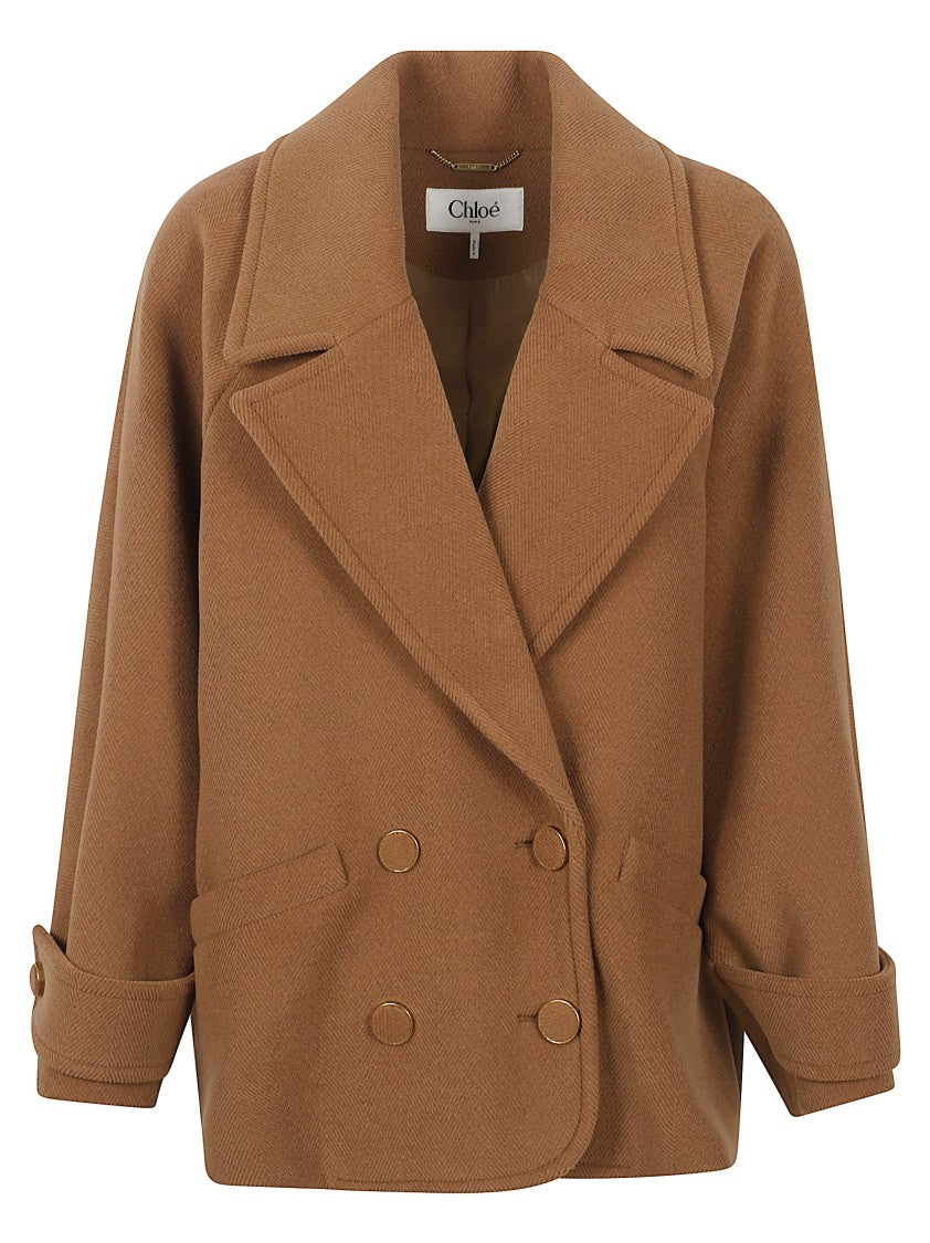 Chloé Grey Wool Herringbone Double-Breasted Coat
