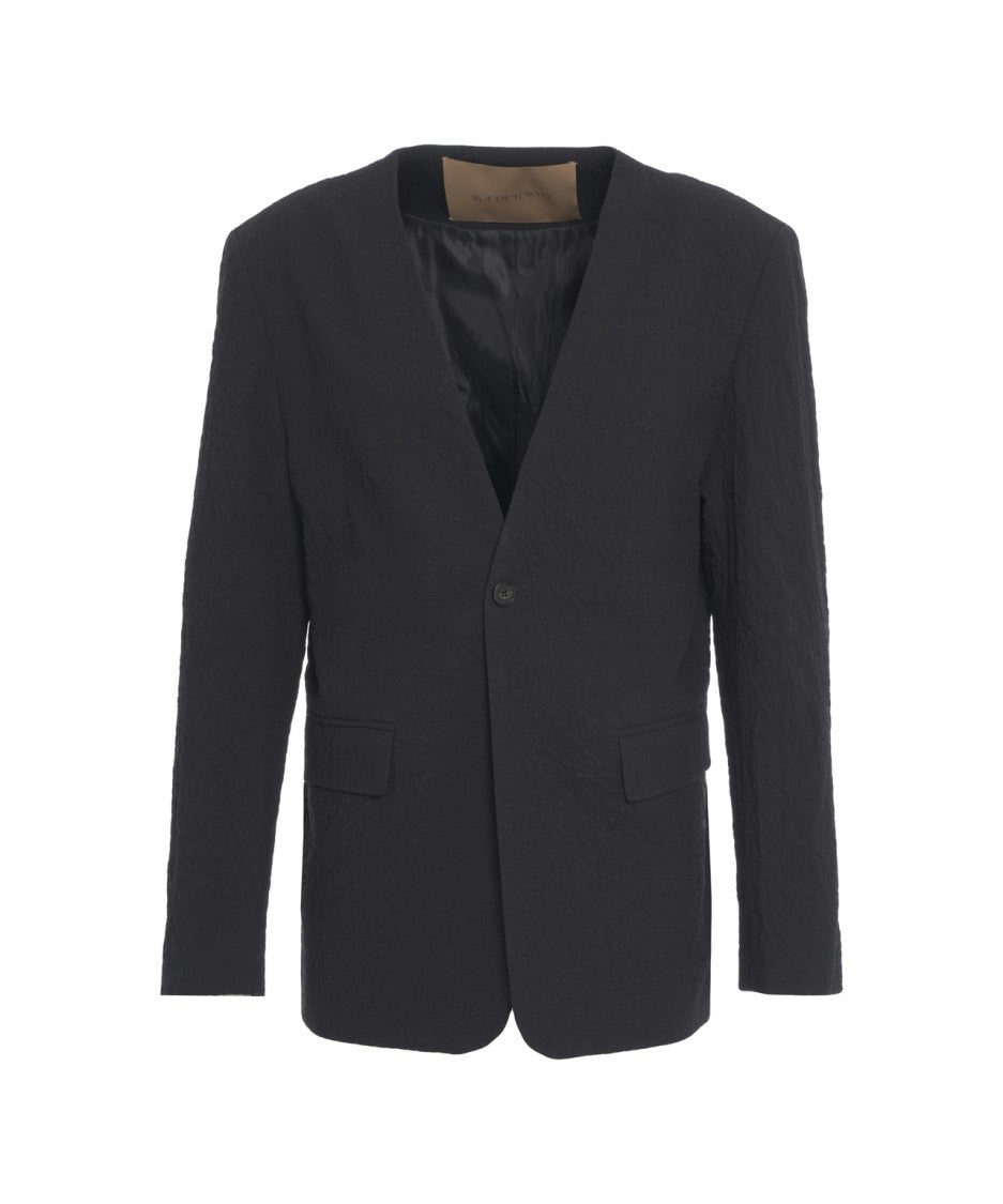 Rue De Tokyo Tailored Black Blazer With Textured Fabric And Modern Neckline