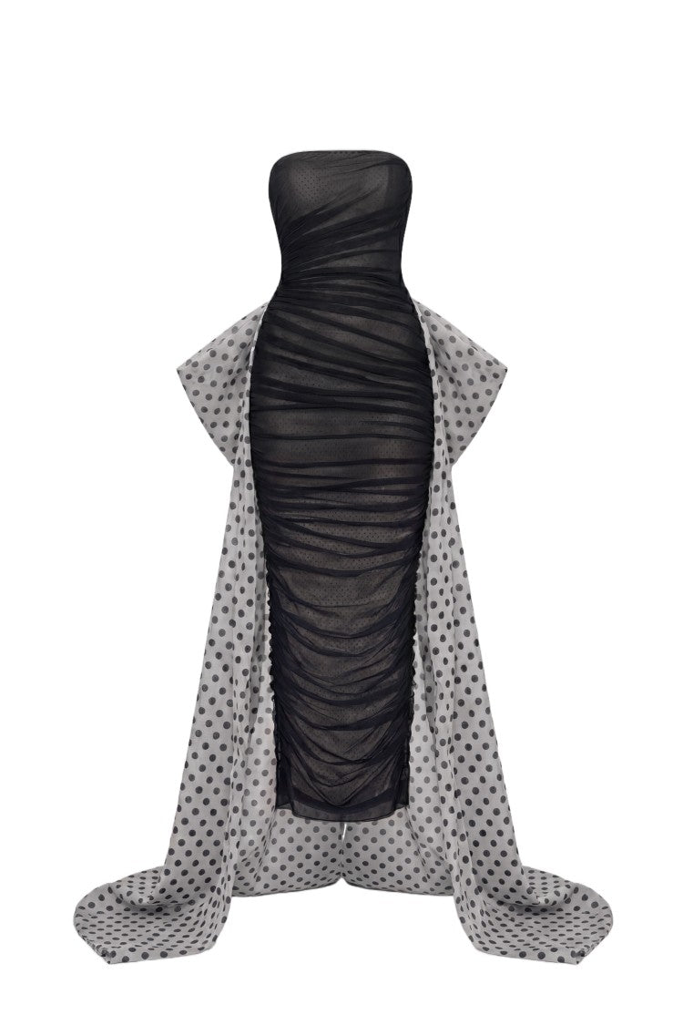 Saiid Kobeisy Strapless Fitted Midi Dress With Dramatic Cascading Train