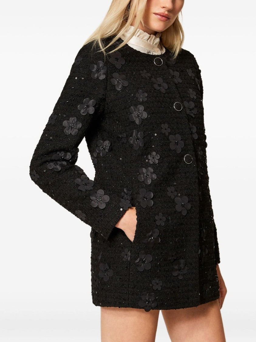 Twin-Set Textured Black Coat With Floral Appliqués