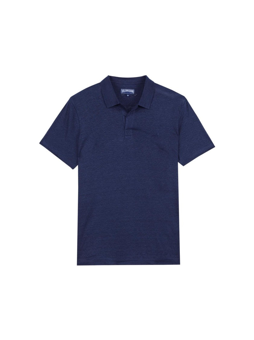 Vilebrequin Blue V-Neck Linen Polo Shirt
