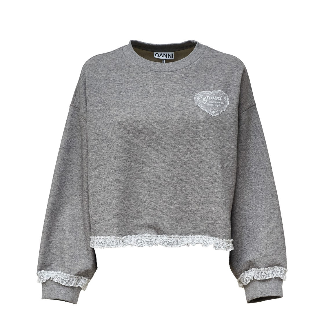 Ganni Cropped Grey Sweater With Lace Trim And Logo Patch