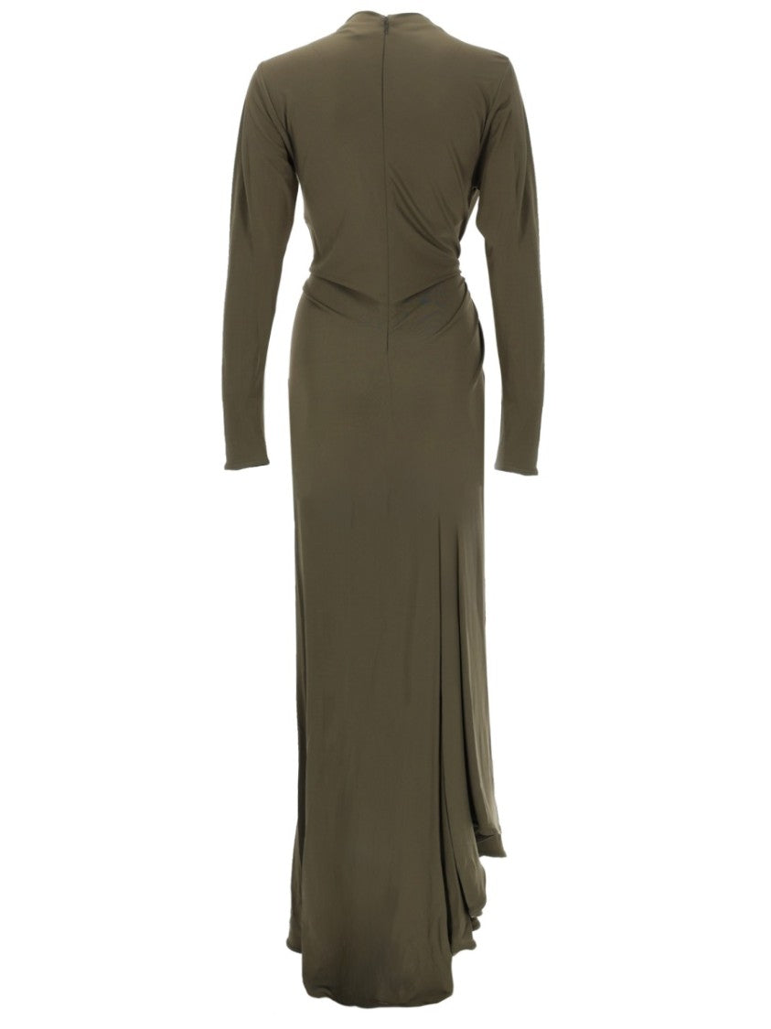 Bottega Veneta Draped Green Maxi Dress With Decorative Pin