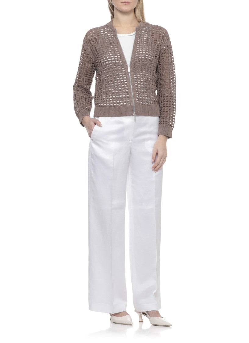 Peserico Brown Perforated Sequin Zip Cardigan