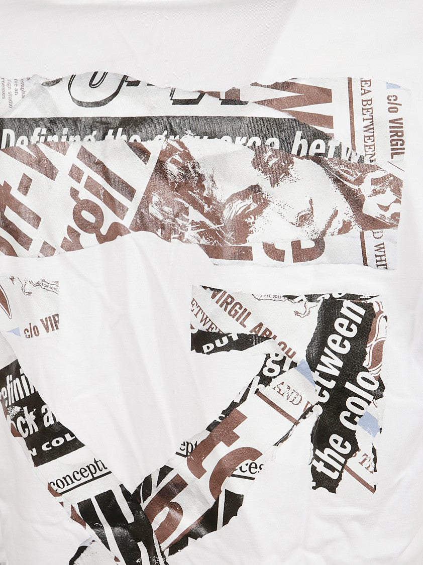 Off-White Cotton Slim Fit T-Shirt With Newspaper Motif