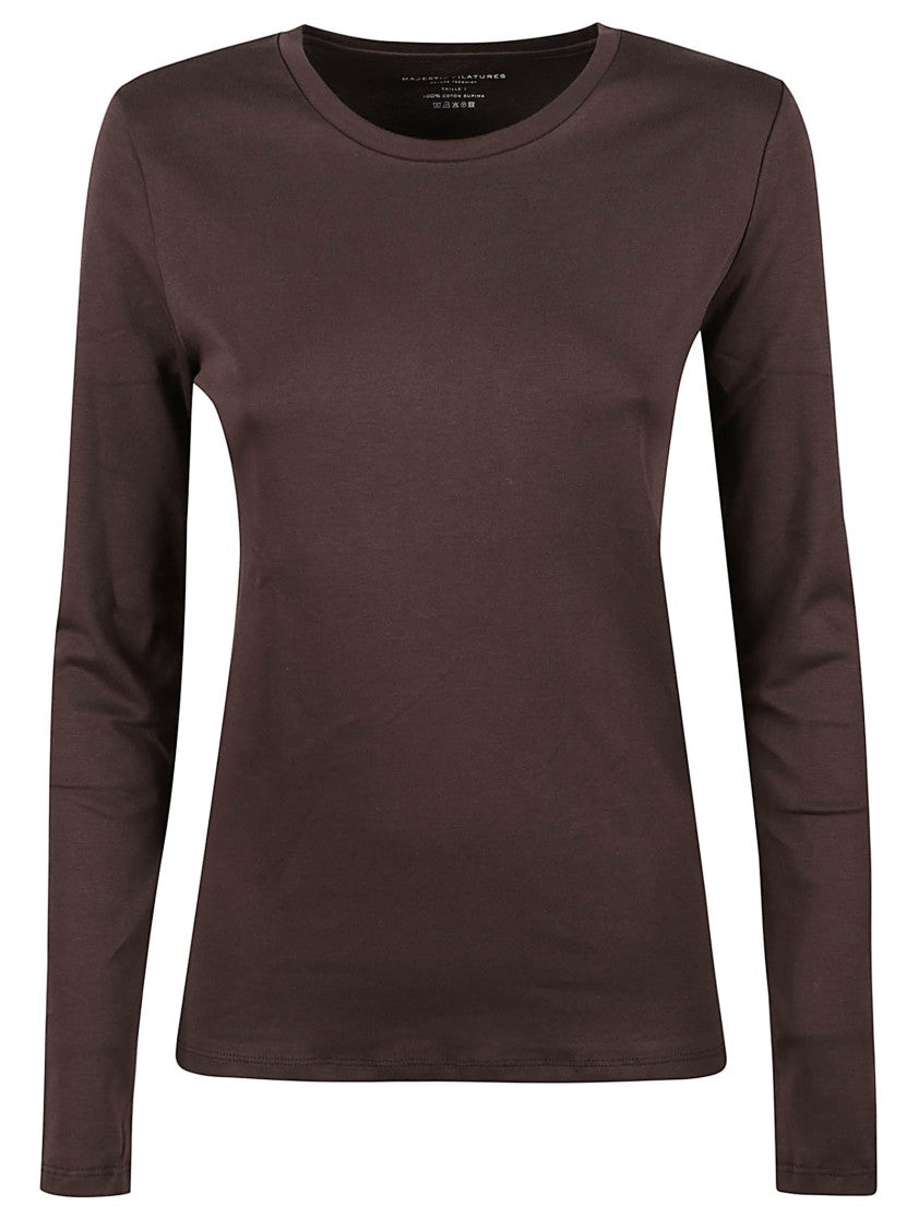 Majestic Filatures Brown Fitted Long-Sleeved Top With Round Neckline