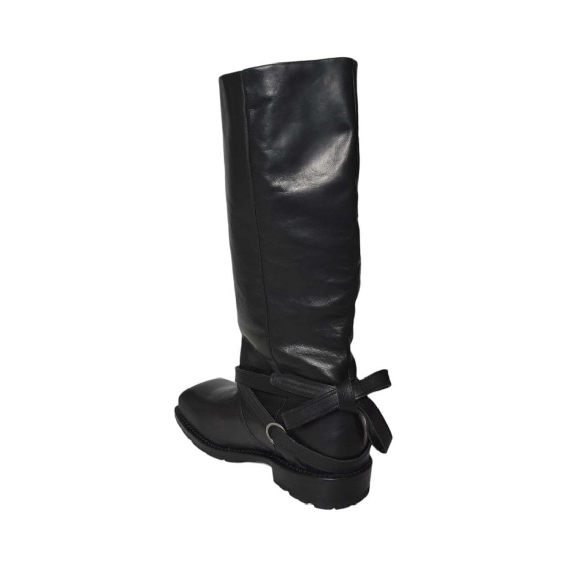 Our Legacy Tall Black Leather Boots With Wrap-Around Strap And Metal Ring Detail