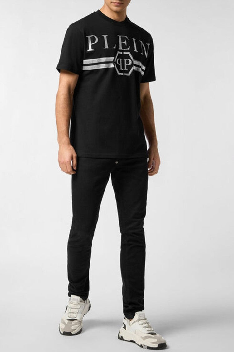 Philipp Plein Black Striped Chest Band Hexagon Patch Cotton T-Shirt