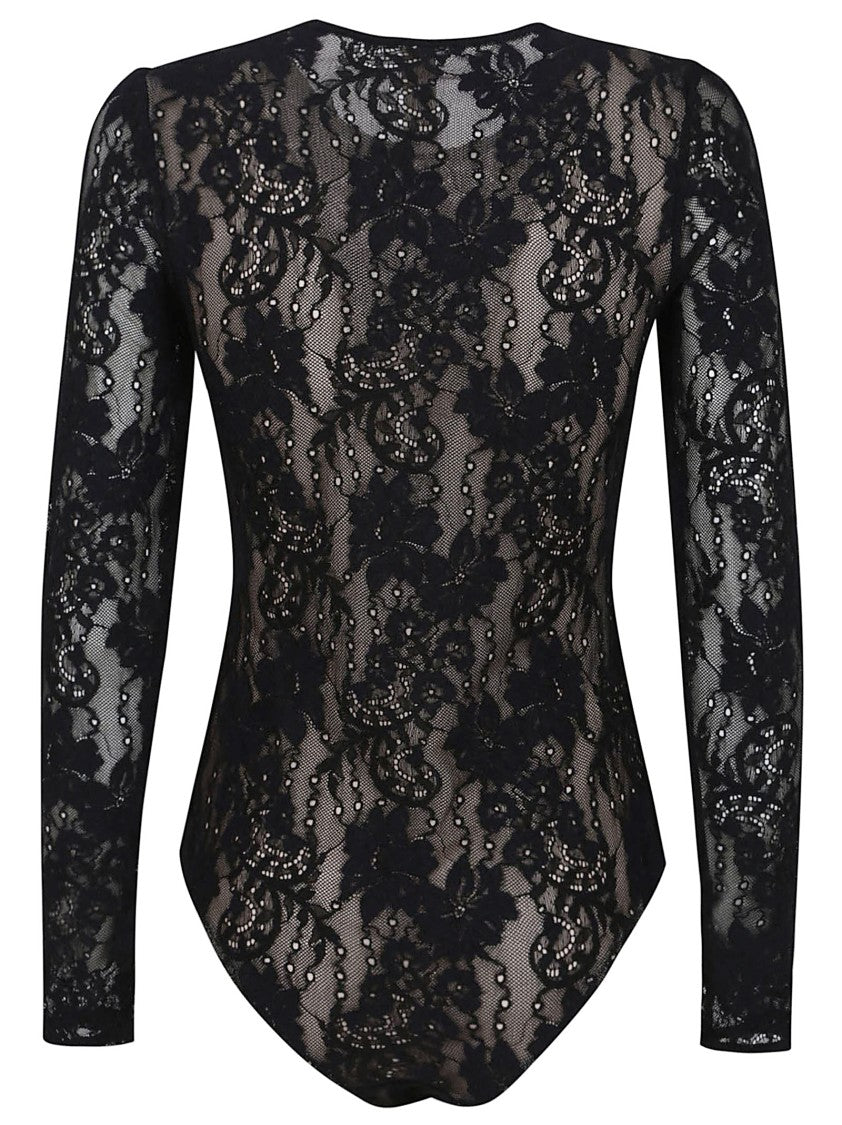Zimmermann Fitted Black Lace Bodysuit With Floral Design And Inset Jelly Ribbon