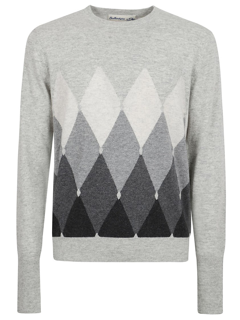 Ballantyne Argyle Pattern Grey Knit Sweater With Crew Neck