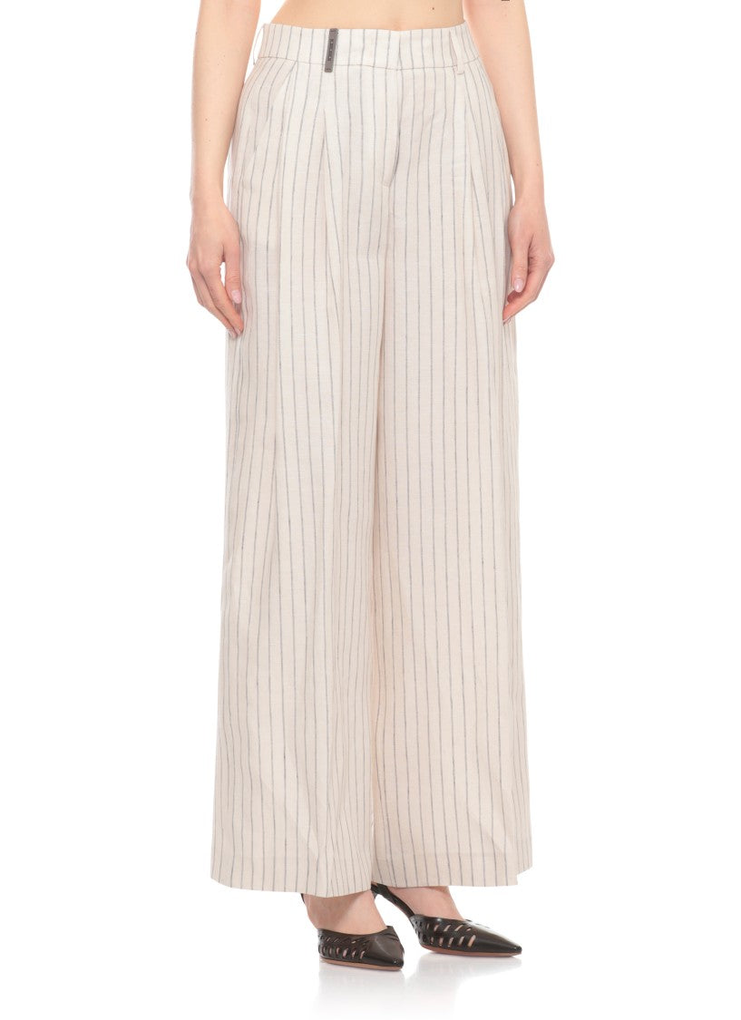Peserico Ivory Striped Linen Wide-Leg Pants