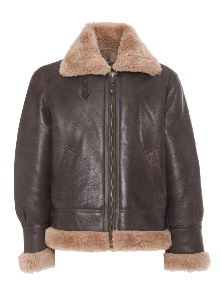 Schott Nyc Structured Dark Brown Leather Jacket With Shearling Accents