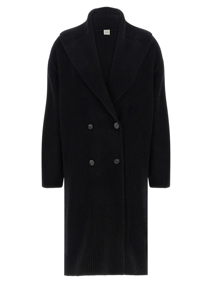 Totême Ribbed Coarse Wool Long Cardigan With Shawl Collar