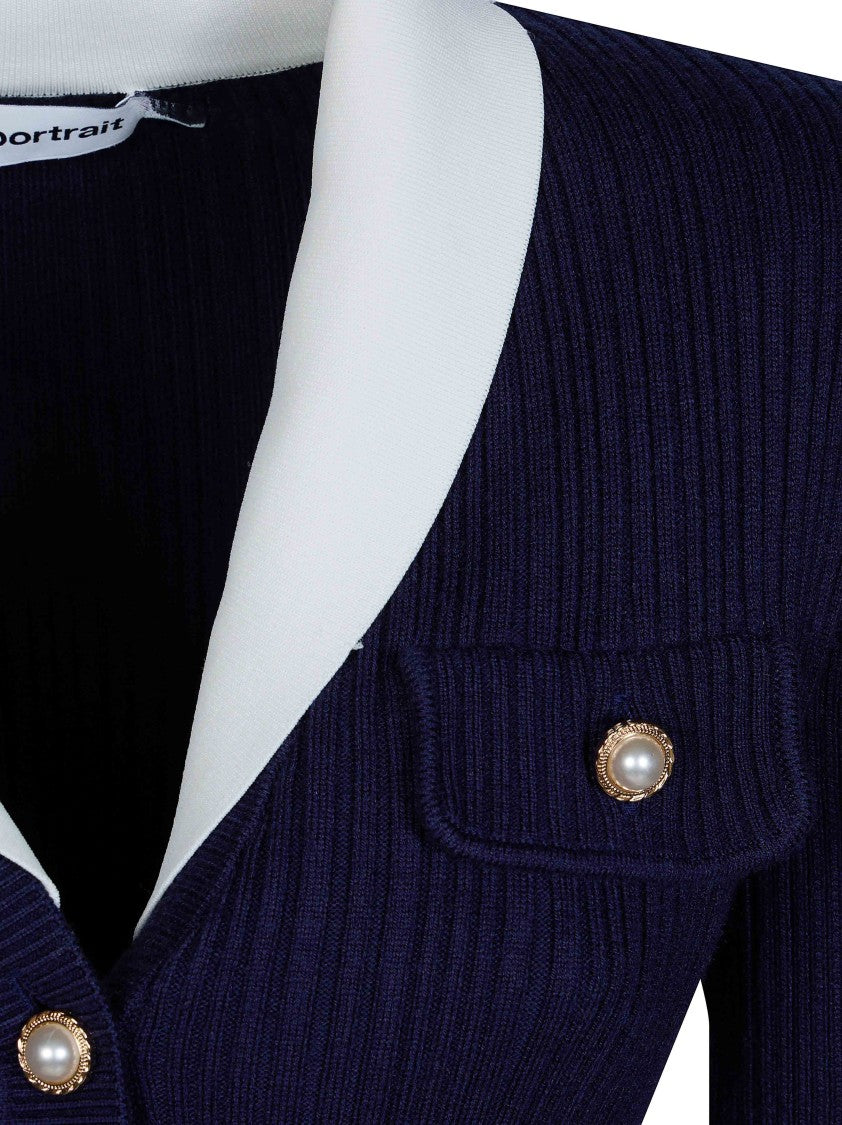 Self-Portrait Navy Ribbed Knit Pearl Cardigan