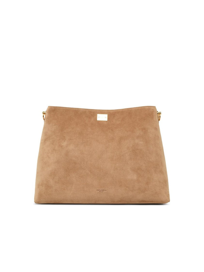 Dolce & Gabbana Large Beige Suede 'Vittoria' Shoulder Bag With Vintage Brass Accents