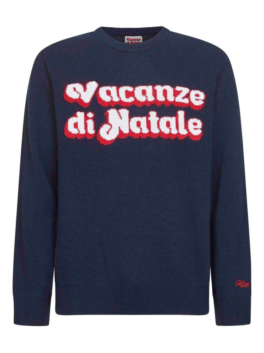 Mc2 Saint Barth Navy Blue Crew-Neck Sweater With Jacquard Lettering