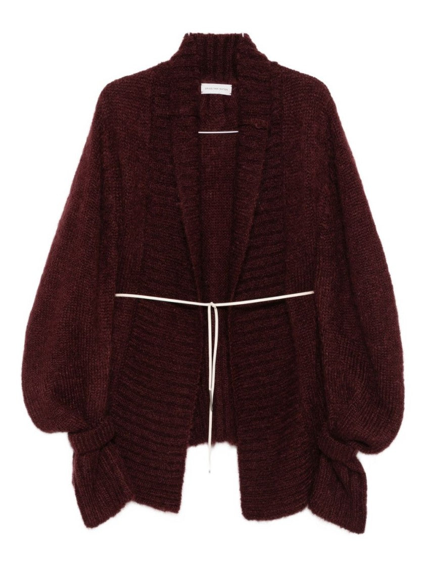 Dries Van Noten Burgundy V-Neck Oversized Cardigan With Layered Sleeves