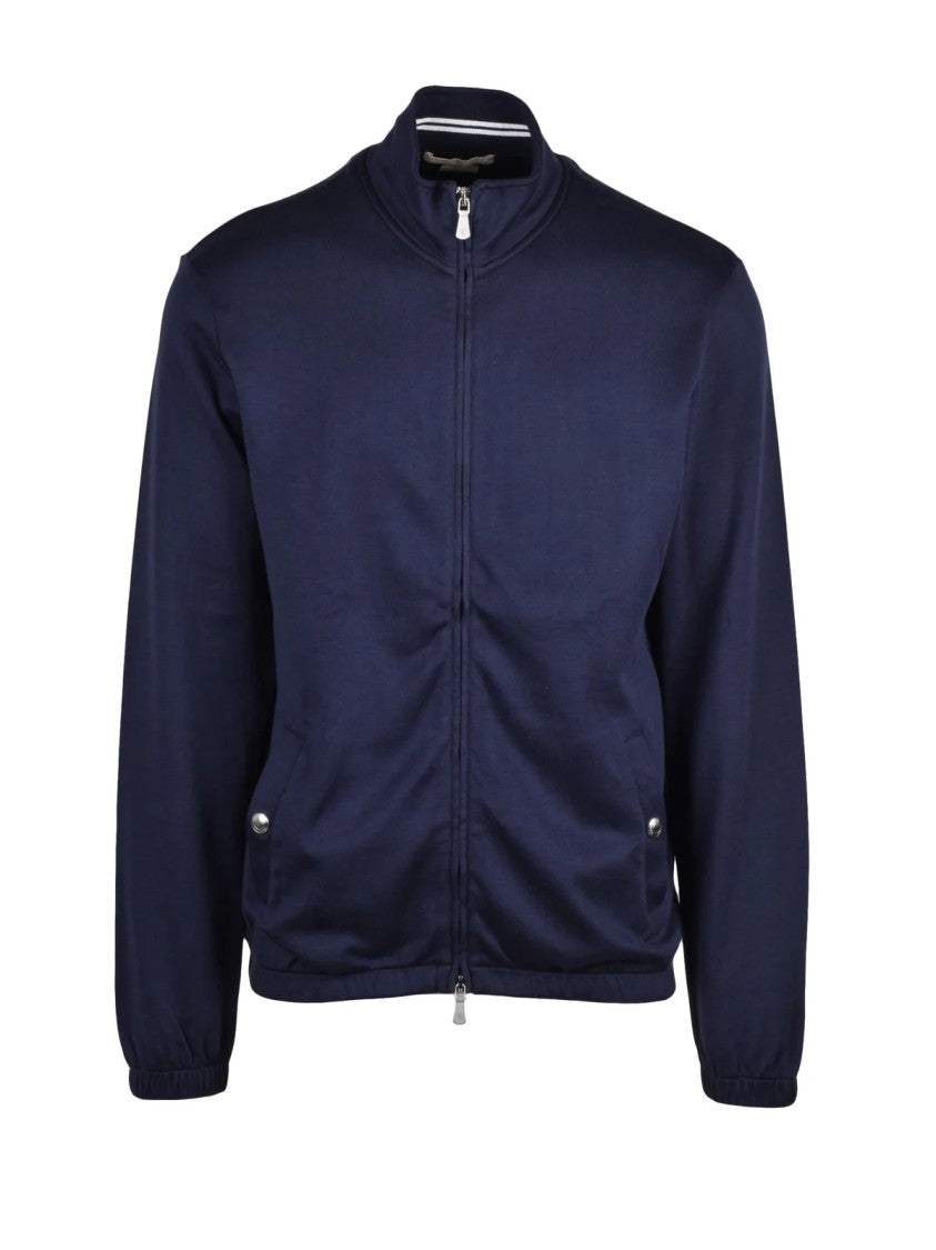 Eleventy Blue Structured Zip Cotton-Blend Sweatshirt