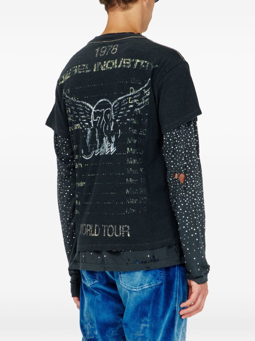 Diesel Vintage-Style Distressed Graphic Print Silk-Nylon Blend T-Shirt