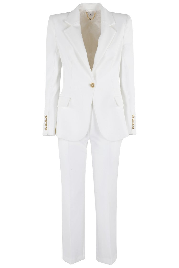 Elisabetta Franchi Cropped White Suit With Classic Blazer And Jewel Button