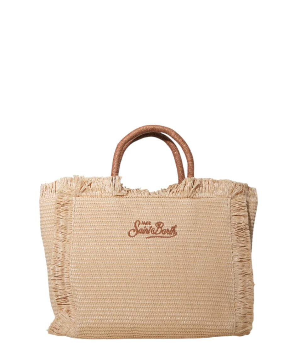 Mc2 Saint Barth Natural Straw Woven Tote Bag With Fringed Edges
