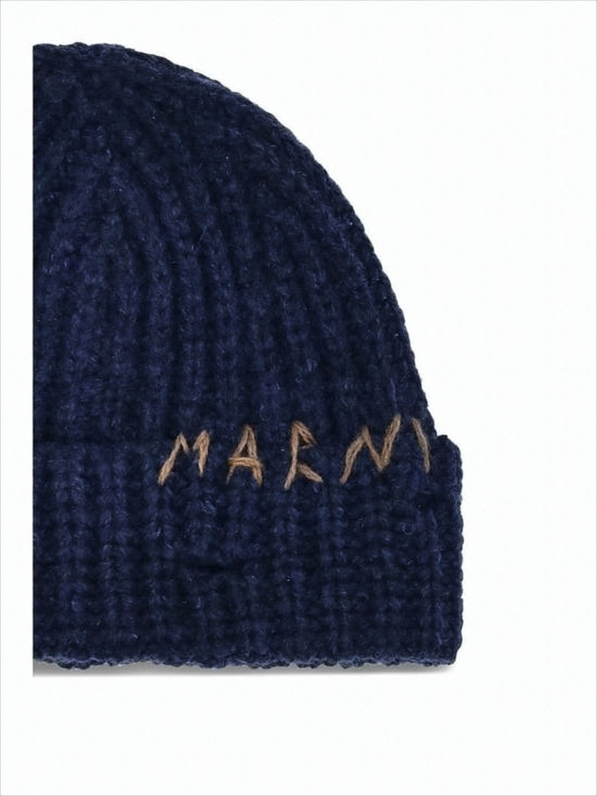 Marni Ribbed Knit Wool Beanie With Subtle Embroidered Detailing